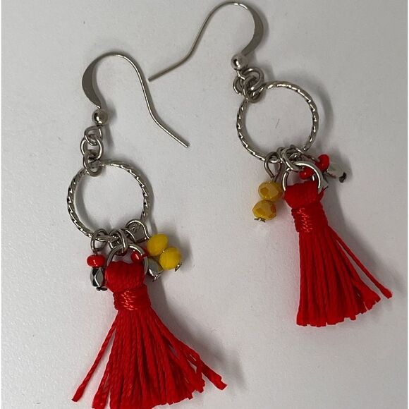 Red & Yellow Silver-Tone Fringe Beaded Earrings - Picture 1 of 6